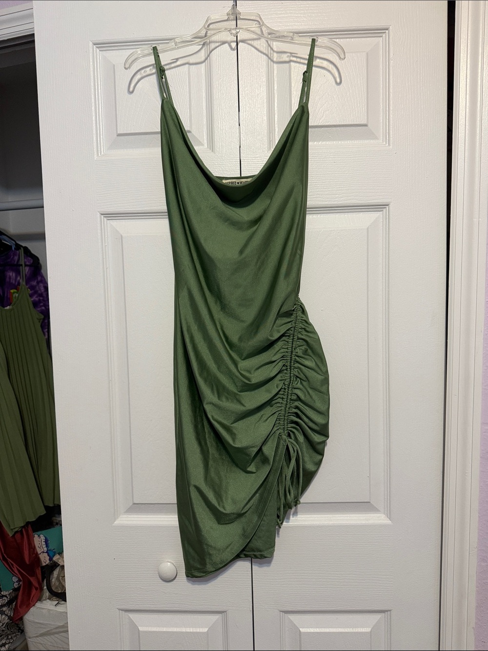 Inspired Hearts Olive Green Cowl Ruched Mini Dress